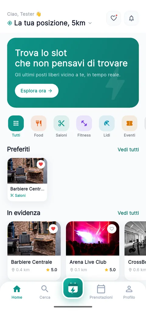 Home dell'app Slotto: banner 'Trova lo slot che non pensavi di trovare', categorie, preferiti e attività in evidenza