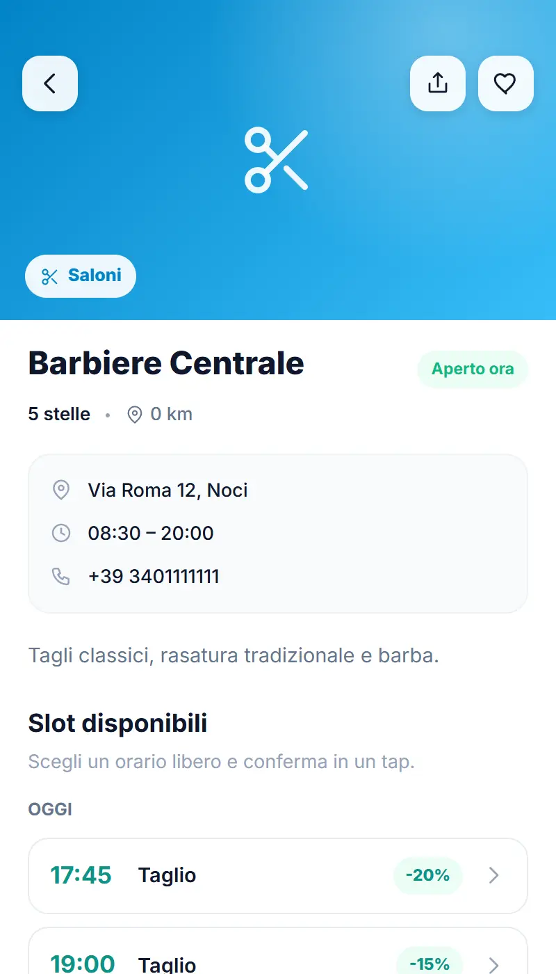 Pagina pubblica del Barbiere Centrale su Slotto: indirizzo, orari, descrizione e slot liberi di oggi da prenotare
